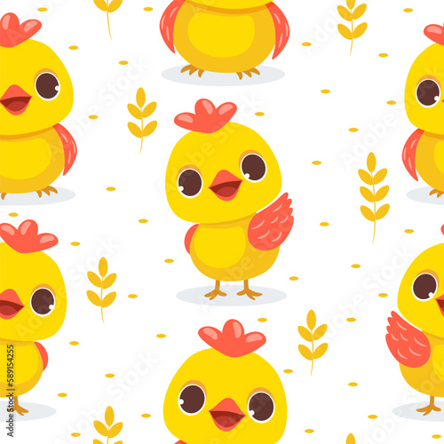 Vector seamless pattern with cute chickens on white background. Illustration for children used for magazine, book, poster, card, web pages.