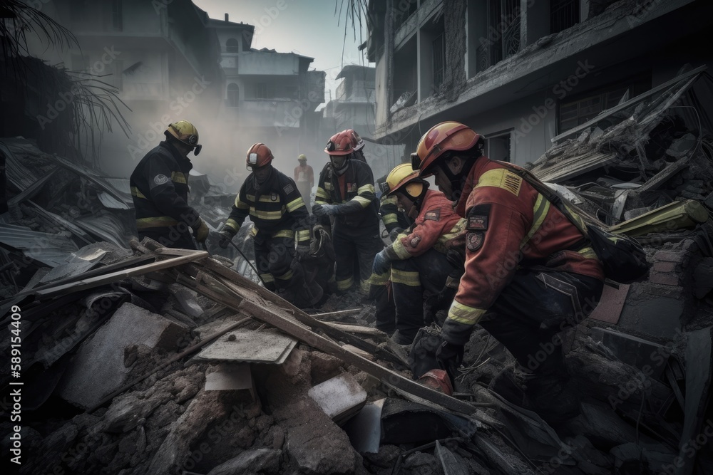 Firefighters Rescue Survivors from Rubble.Courageous firefighters work tirelessly to save lives after an earthquake. Generative AI Firefighters Rescue Survivors from Rubble.Courageous firefighters work tirelessly to save lives after an earthquake. Generative AI