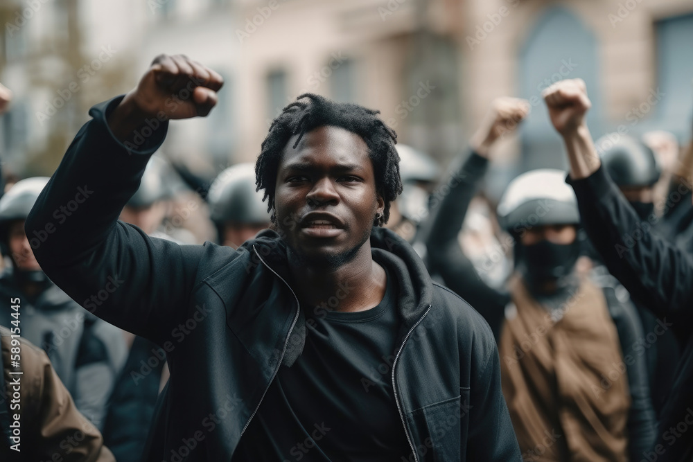 Generative AI illustration of confident young African American male wearing black jacket standing with raised fist against crowd during protest on street Generative AI illustration of confident young African American male wearing black jacket standing with raised fist against crowd during protest on street
