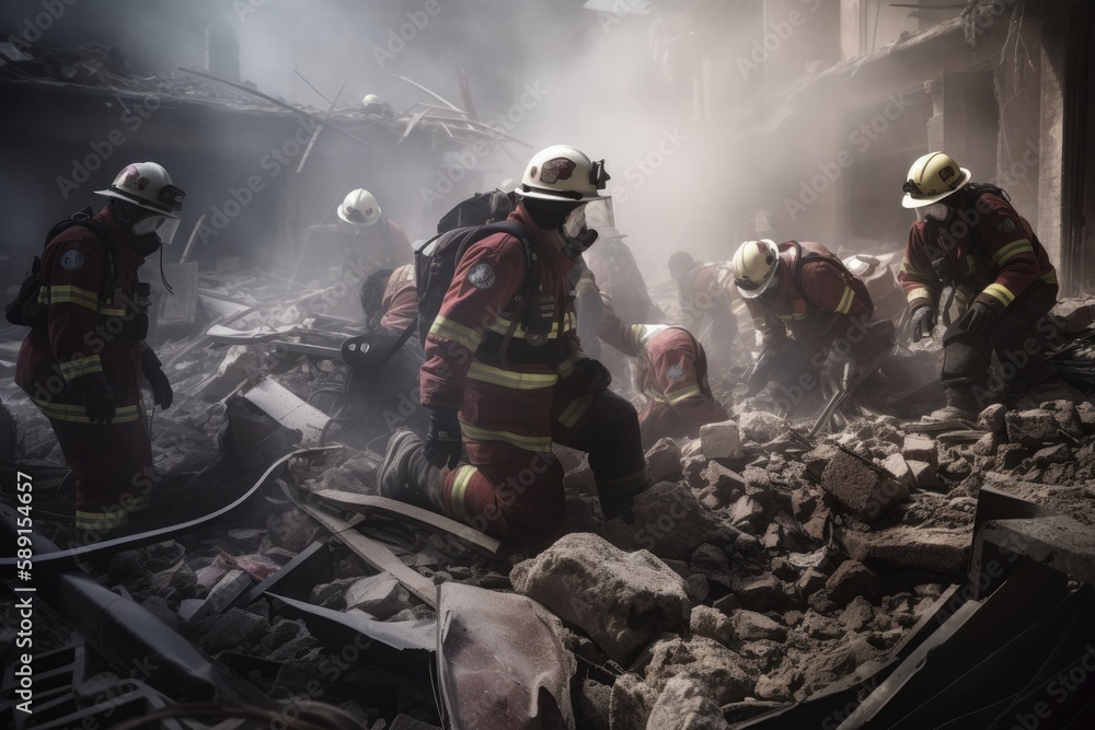 Fototapeta premium Firefighters Rescue Survivors from Rubble.Courageous firefighters work tirelessly to save lives after an earthquake. Generative AI