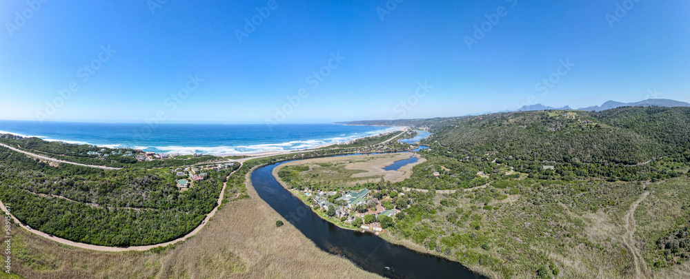 Drone view at river and beach of Wilderness in South Africa