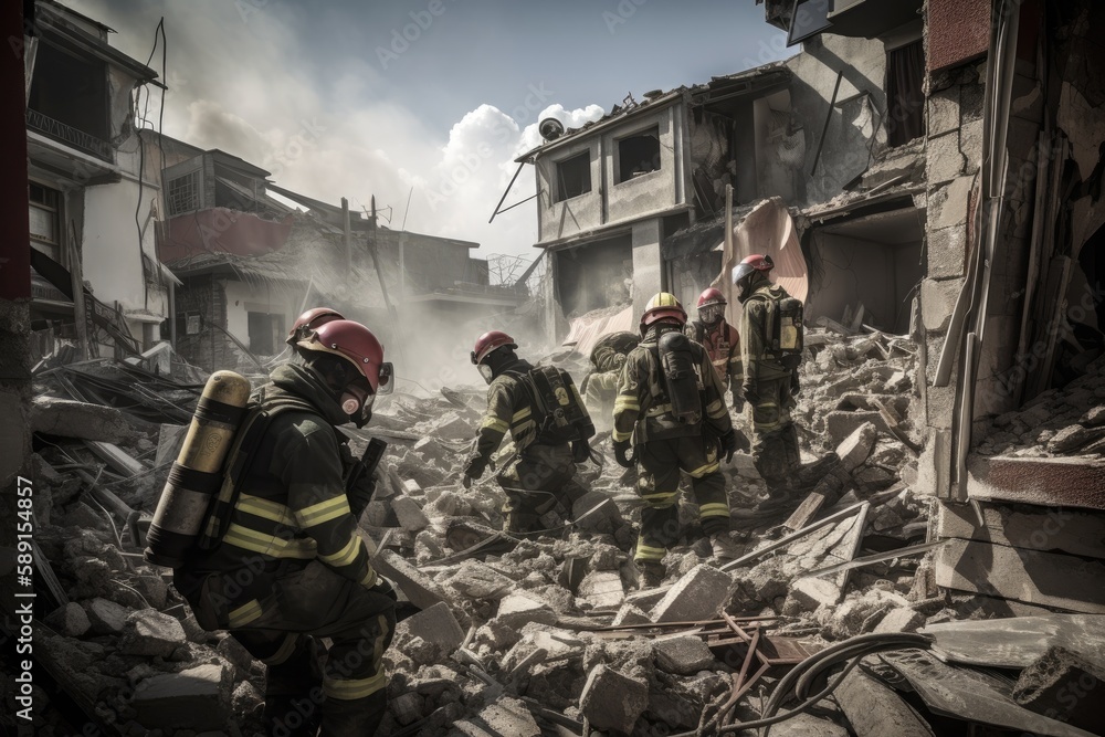 Fototapeta premium Firefighters Rescue Survivors from Rubble.Courageous firefighters work tirelessly to save lives after an earthquake. Generative AI