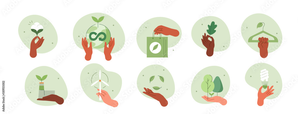 Climate change illustration set. Characters hands holding planet earth, power saving lamp and other objects as metaphor for green industry, forest conservation and sustainability. Vector illustration. - obrazy, fototapety, plakaty 