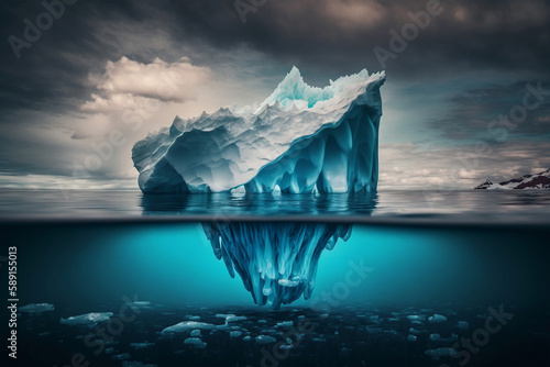 Iceberg with its visible and underwater or submerged parts floating in the ocean, generative ai