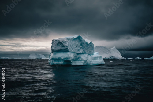 Iceberg with its visible and underwater or submerged parts floating in the ocean, generative ai