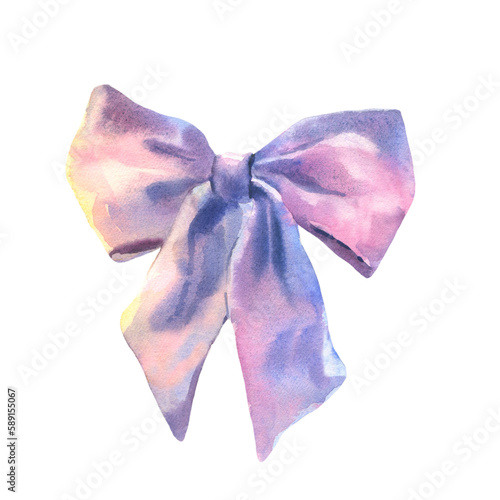 Watercolor pupple bow. Hand painted gift bow or hair bow isolated on white background. Party or greeting object, bow for your creativity