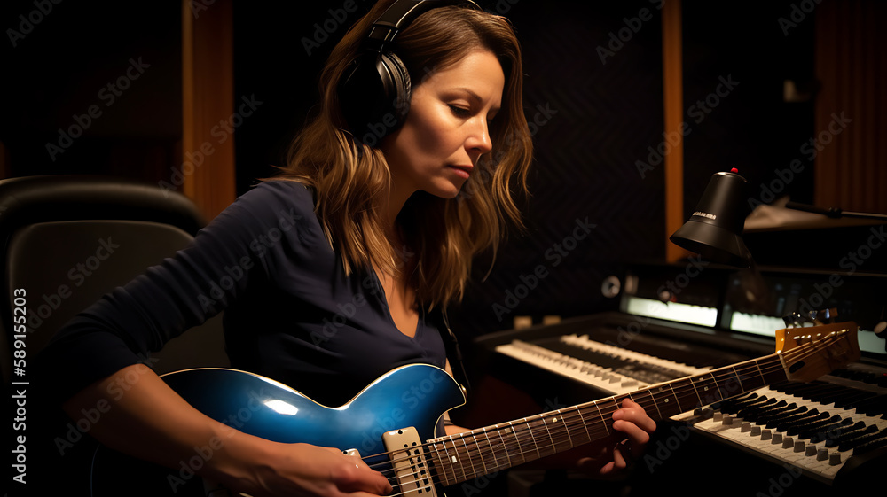 40 year old woman playing acoustic guitar in studio recording music, generative ai 40 year old woman playing acoustic guitar in studio recording music, generative ai