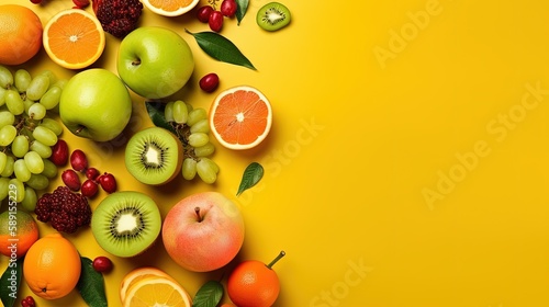 Copyspace background with fruit decor. Wallpaper template created using generative AI Tools.