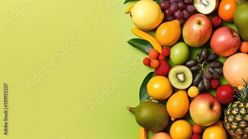 Copyspace background with fruit decor. Wallpaper template created using generative AI Tools.