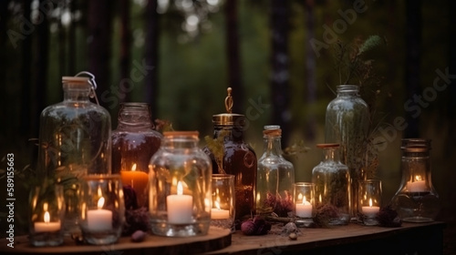 Wedding decor - candles in glass flasks in the forest. Generative AI. 