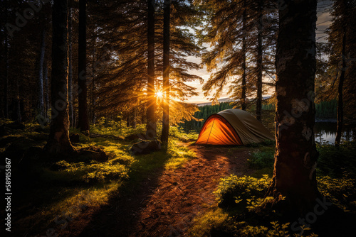 Generative AI illustration of camping tent placed in evergreen forest with coniferous trees in sunset time in nature photo