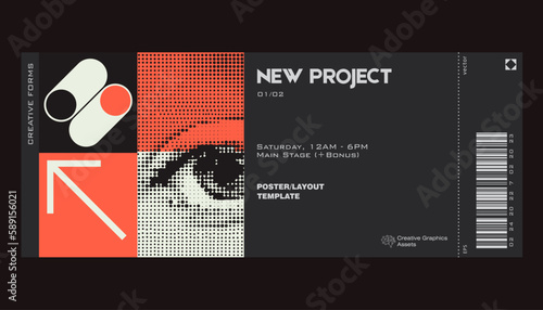 Modern exhibition ticket template layout made with abstract vector geometric shapes. Brutalism inspired graphics. Great for branding presentation, poster, cover, art, tickets, prints, etc.