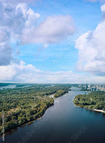 Fototapeta Naklejka Na Ścianę i Meble -  Aerial drone view of Dnipro river and Kyiv city.