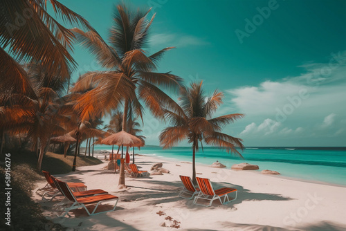 Beach chairs, umbrella and palms on the beach, generative ai