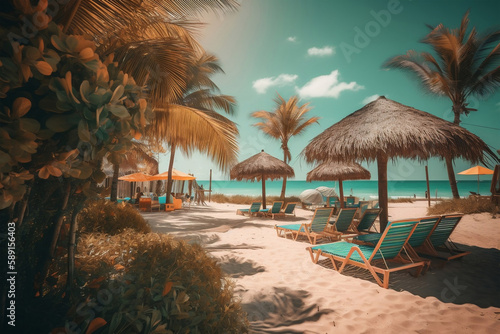 Beautiful beach banner. White sand, chairs and umbrella travel tourism wide panorama background