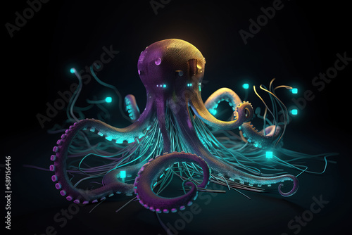 An octopus with light that is in the digital world on a dark background. Sea animals. illustration  generative AI.