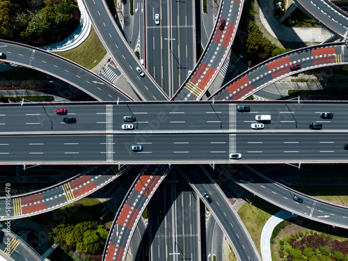Tableau sur toile Aerial top view of highway multilevel junction road