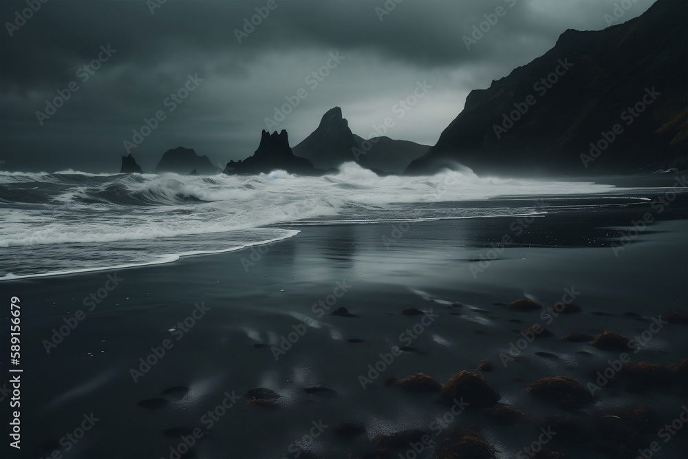 landscape black beach, generative ai landscape black beach, generative ai