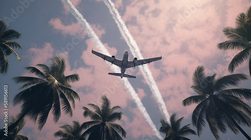 plane flying over coconut trees creating two white cloud lines of started by a bill tube. Generative AI.