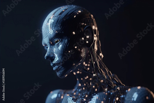 Generative AI illustration of side view of porcelain white humanoid cyborg with glowing lights against black background