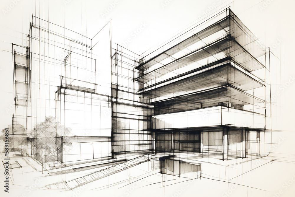 Architectural ink drawing design which is a blue print design by an architect for the construction plan of  business complex for the construction industry, computer Generative AI stock illustration  - obrazy, fototapety, plakaty 