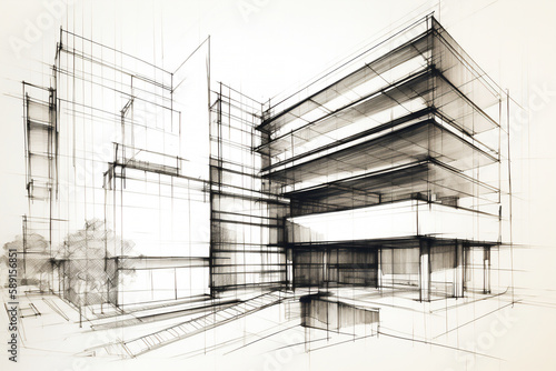 Papier peint Architectural ink drawing design which is a blue print design by an architect fo