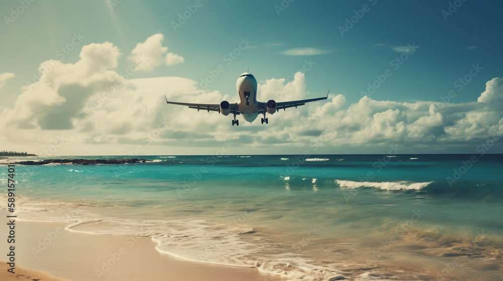 Naklejka premium summer, beach, airplane in the sky. Generative AI.