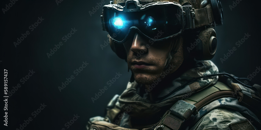 Technologically enhanced soldier equipped for battle. Generative AI Technologically enhanced soldier equipped for battle. Generative AI