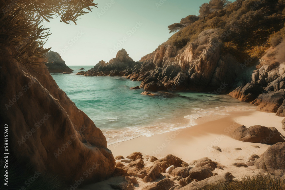 A beautiful beach with wild cliffs in the background, generative ai