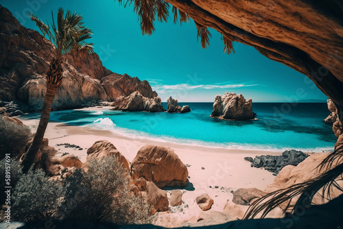A beautiful beach with wild cliffs in the background, generative ai