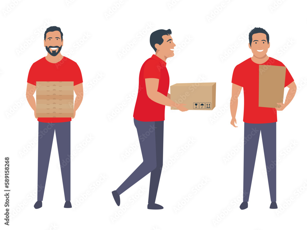 Set of delivery man. The courier delivers the box and pizza. Set of delivery man. The courier delivers the box and pizza.