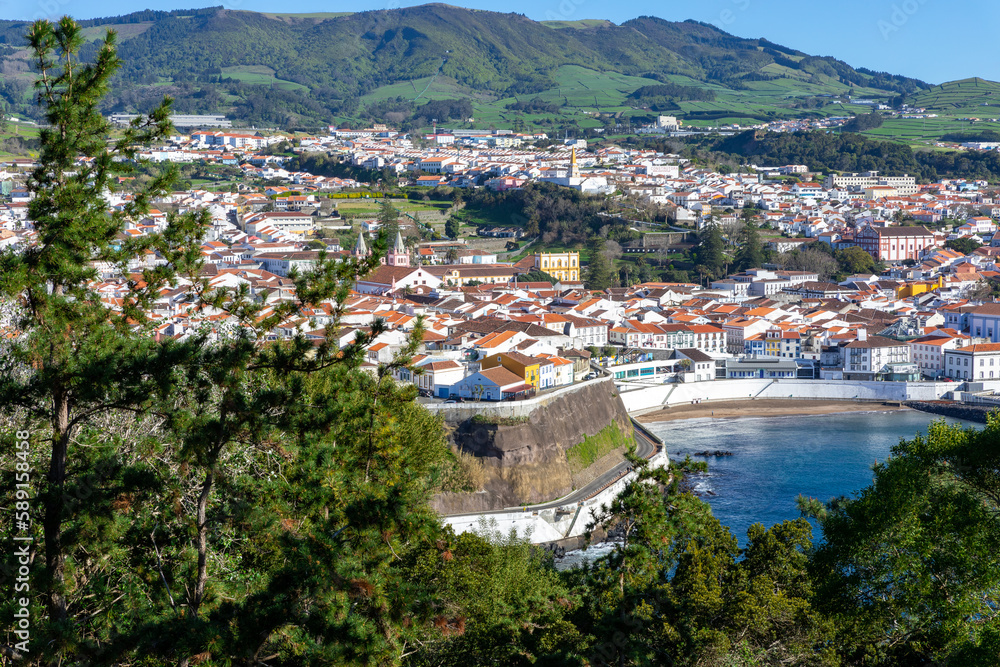View of the city of Angra do Heroismo from the slope of Monte Brasil. Angra do Heroismo, Terceira - Azores. Portugal. 