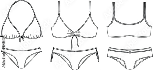 Girls and women sustainable swimwear, technical drawing, template, sketch, flat, mock up. Recycled PA, Recycled PES, Lycra fabric swimwear front view, white color