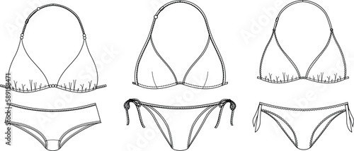 Girls and women sustainable swimwear, technical drawing, template, sketch, flat, mock up. Recycled PA, Recycled PES, Lycra fabric swimwear front view, white color