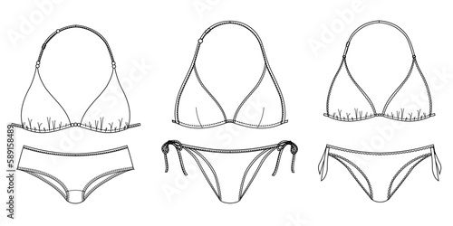 Girls and women sustainable swimwear, technical drawing, template, sketch, flat, mock up. Recycled PA, Recycled PES, Lycra fabric swimwear front view, white color