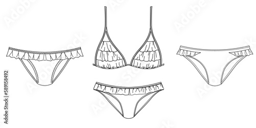 Girls and women sustainable swimwear, technical drawing, template, sketch, flat, mock up. Recycled PA, Recycled PES, Lycra fabric swimwear front view, white color