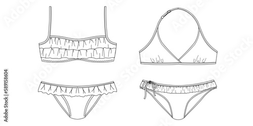 Girls and women sustainable swimwear, technical drawing, template, sketch, flat, mock up. Recycled PA, Recycled PES, Lycra fabric swimwear front view, white color