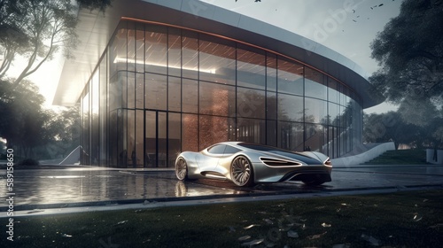 Grandiose Luxury House with Sleek Bright-Light Supercar in Stylish Outdoor Setting, Generative AI