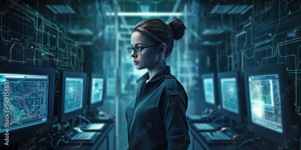 Fototapeta premium Expert IT Engineer Overseeing Futuristic Science Data Center. Generative AI