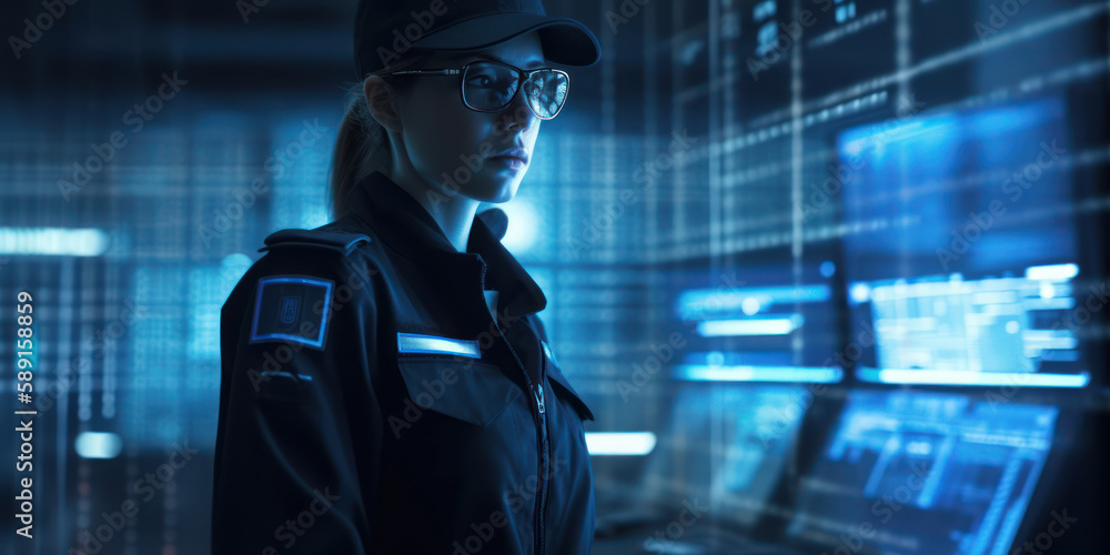 Fototapeta premium Woman IT Specialist guard virtual threats in a futuristic data center. Generative AI