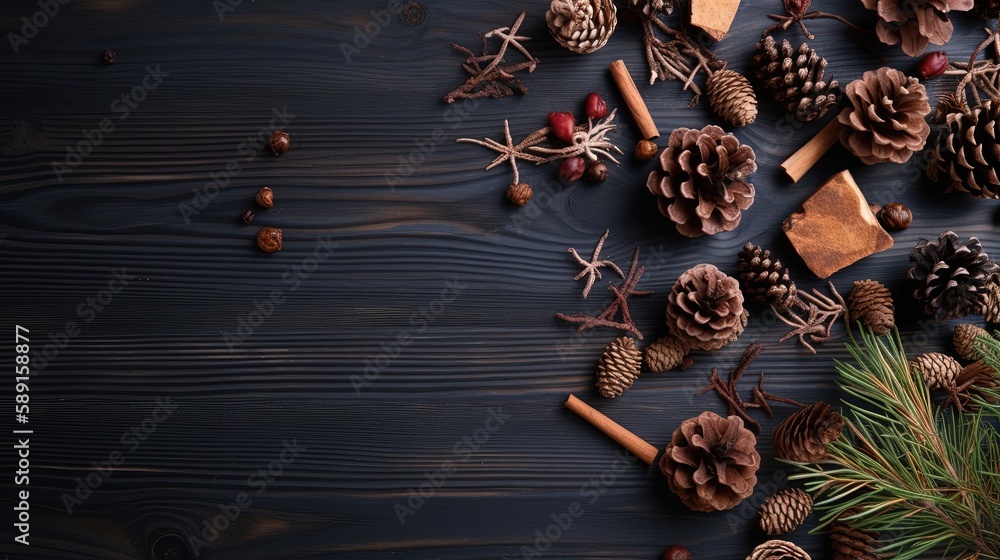 Copyspace background with pine cone decor. Wallpaper template created using generative AI Tools.