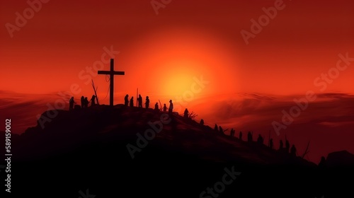 Jesus and cross on Golgotha hill, red sky, sunset, dawn, christ, generative AI