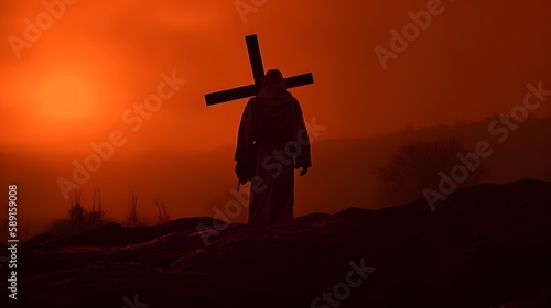 Jesus and cross on Golgotha hill  red sky  sunset  dawn  christ