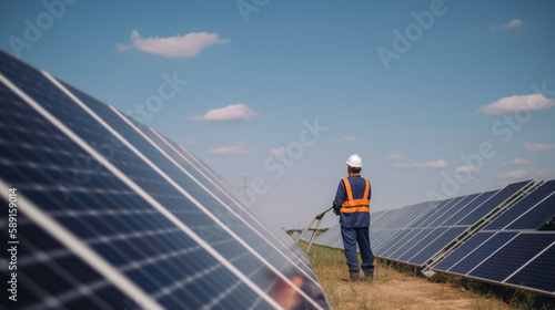 Fictional Person, Solar Power Infrastructure: Worker Installing Panels Outdoors , generated by IA 