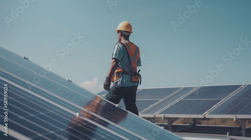 Fictional Person, Building a Sustainable Future: Worker Installing Solar Panels in Daylight , generated by IA 