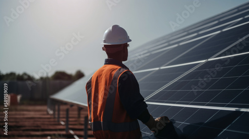 Fictional Person, Renewable Energy: Worker Installing Solar Panels in Daylight , generated by IA 