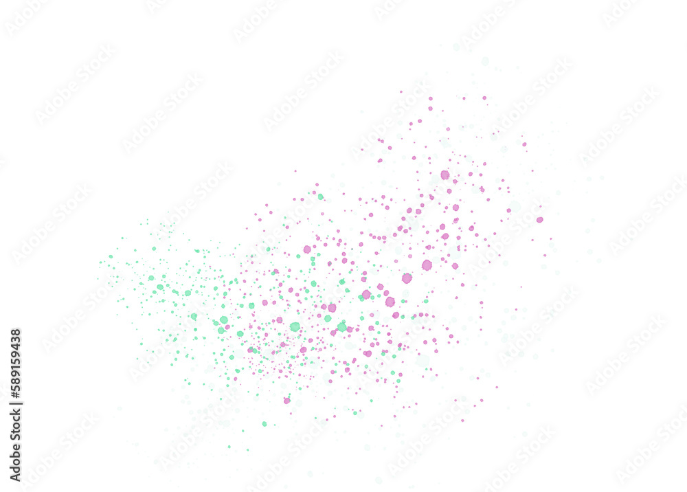 Multicolored splashes of paint on transparent background. Illustration of splatter of white, green and purple colors. PNG element.