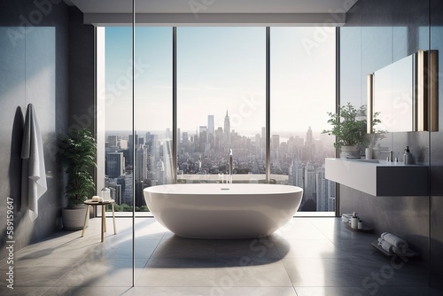 Luxurious Modern Bathroom with Freestanding Bathtub and Panoramic City Skyline Views, Generative AI © Digital Dreamscape