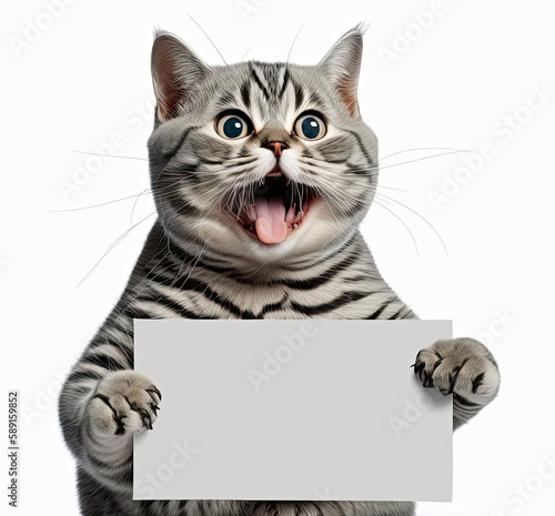 ai generated illustration Funny cat portrait looking shocked or surprised holding a blank placrd
