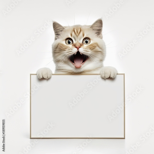 ai generated illustration Funny cat portrait looking shocked or surprised holding a blank placrd
